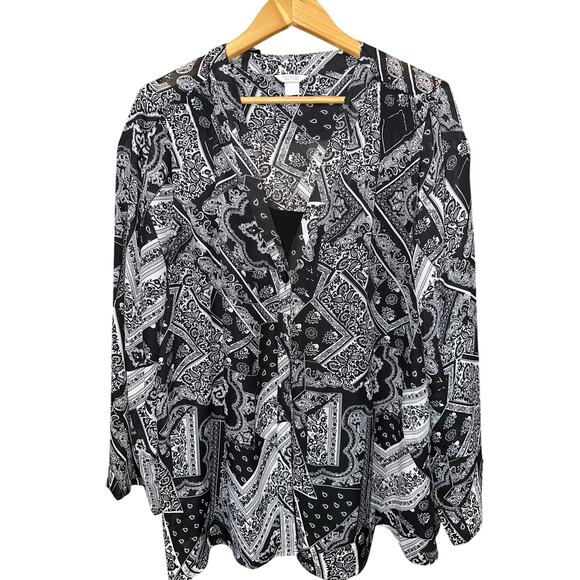 Christopher & Banks Blouse Top Black White Semi Sheer XL Mature Occasion Holiday - Picture 2 of 12